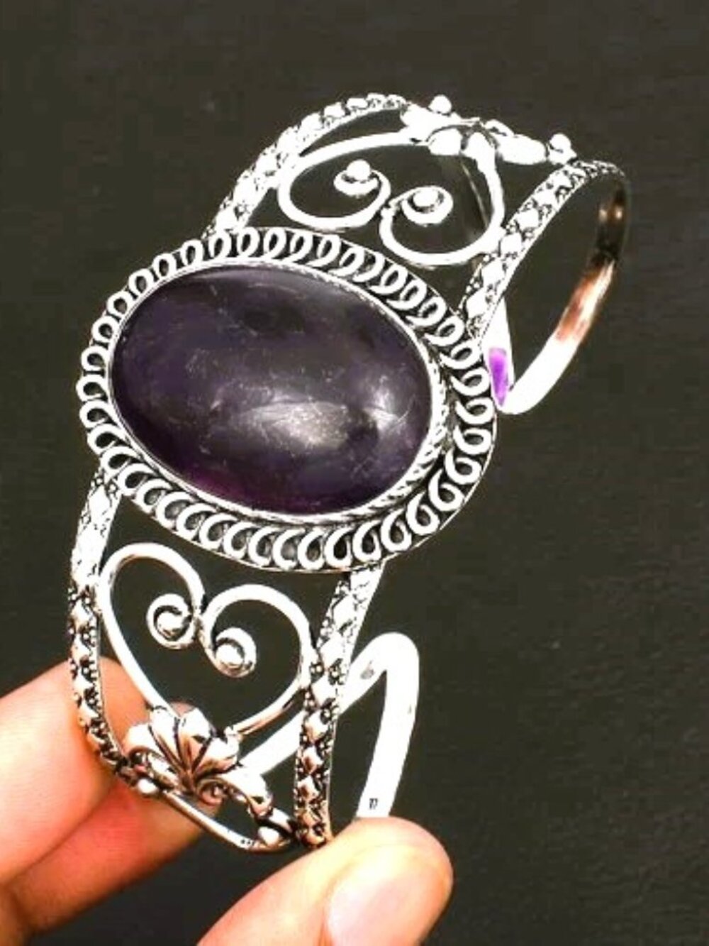 Amethyst Gemstone Sterling Silver Adjustable Bangle